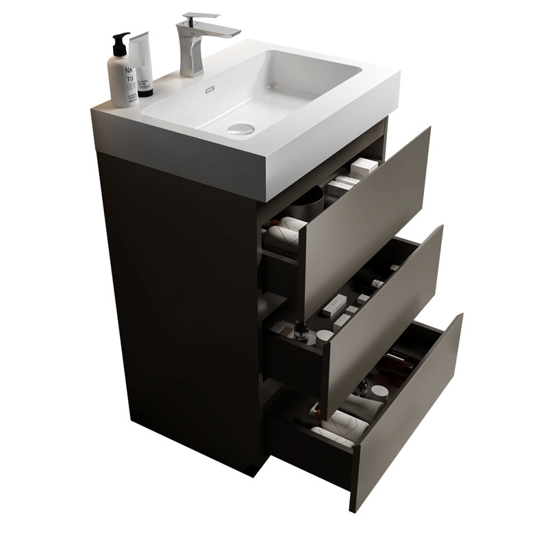 24" Gray Bathroom Storage - Vanity, Silent Operation Unit Vanity , Large Capacity,, Gray, 24"