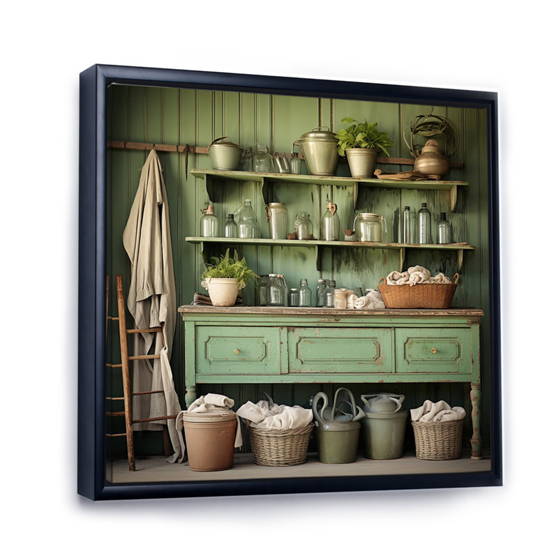 «Green Vintage Laundry Room II», reproduction sur toile, H 30 po x l 30 po x P 1 po, Cadre flottant noir
