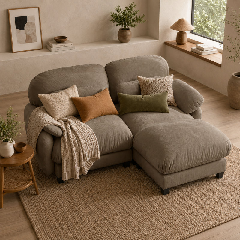 Canapé d'angle modulaire Elarquess Cloud pour 2 personnes avec pouf amovible, assise profonde en chenille, coussins en mousse haute densité et ressorts, 2 petits coussins lombaires