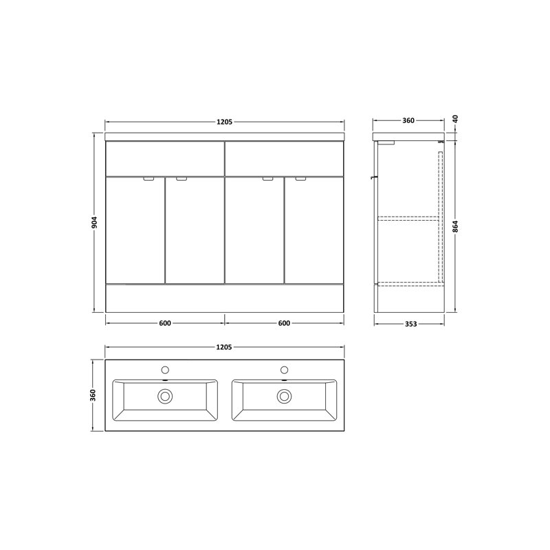 1205mm Double Bathroom Vanity with Drop In Vitreous China Basin