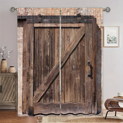 2Pcs Rustic Barn Door Window Curtains Vintage Wooden Gate Pattern Farmhouse Style Room Divider Curtain Panels Rod Pocket Country Home Decor for Living Bedroom Kitchen Dining
