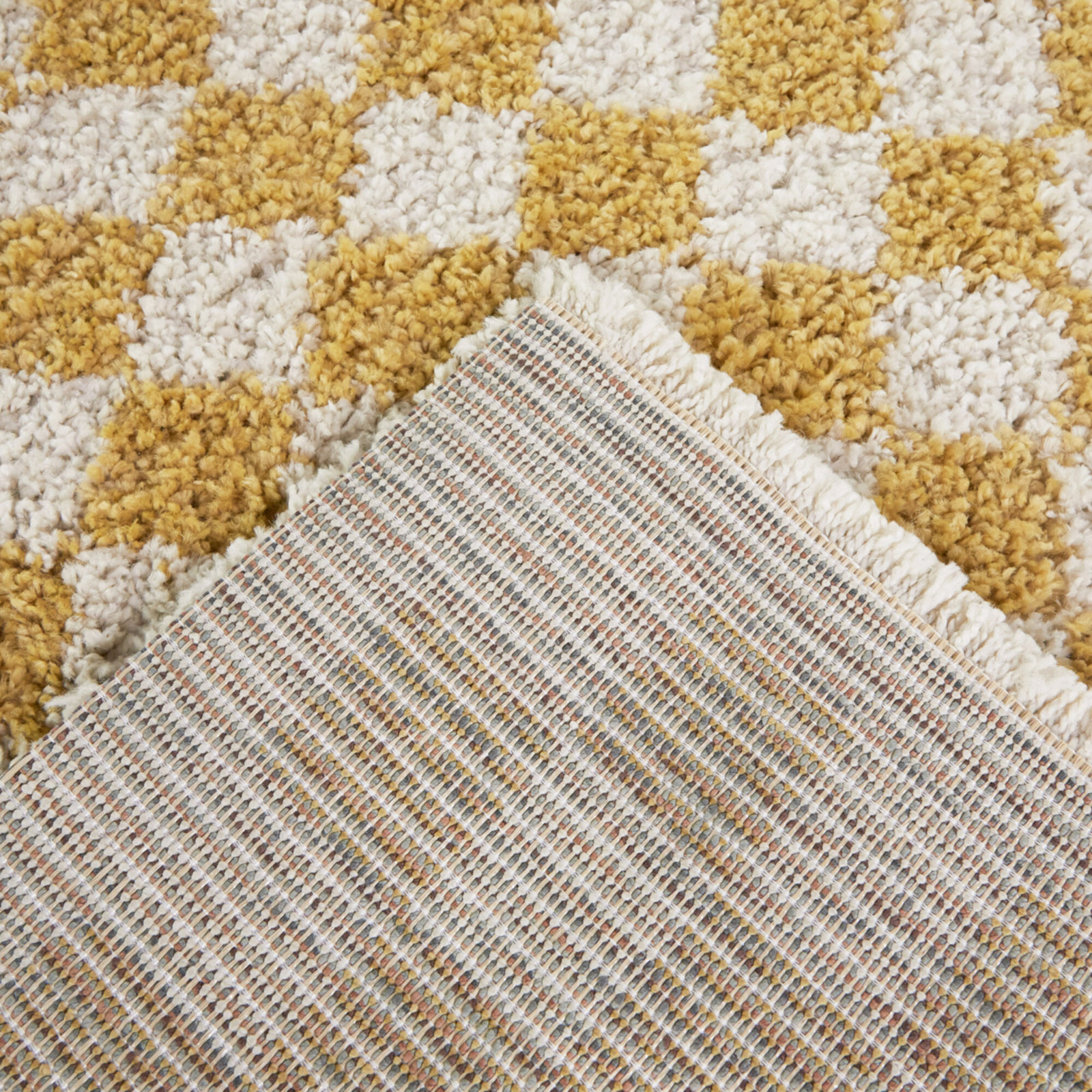 Walker Mustard Cream Checkered Shag Rug, Square 6'7"