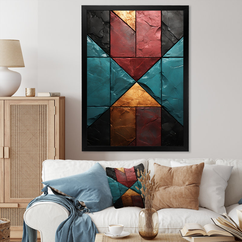 Carreaux de chevron bleu et rouge Elegance II - art mural abstrait, Cadre photo noir, H 32 po x l 16 po x P 1 po