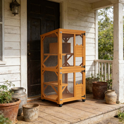 Cage à chat pour l'extérieur et l'intérieur avec zones de confort élevées, roues verrouillables, treillis métallique de qualité, orange, acier portatif intérieur / extérieur multi-niveaux, protection contre l'asphalte
