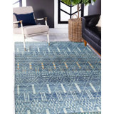 Blue Hand-Knotted Wool Linear Diamond Weave Geometric Modern Contemporary Carpet Rug