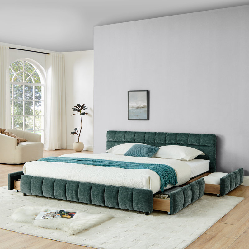 Très grand lit tapissier, cadre de lit rembourré confortable, tissu chenille, avec tête de lit et cadre de lit solide. Avec tiroir pour rangement - Vert