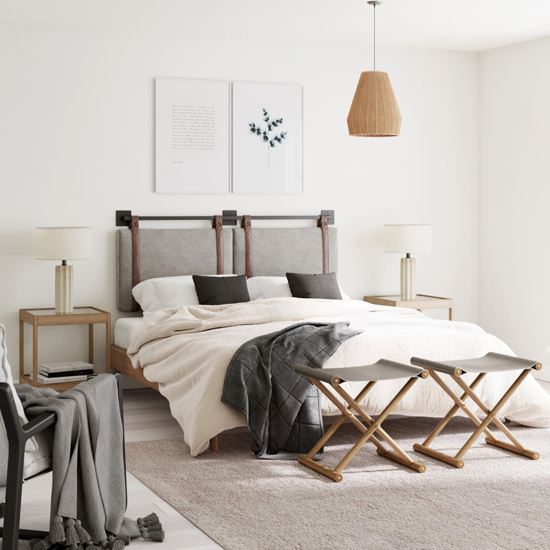 Gray Upholstered King Wall Mount Headboard with Leather Straps