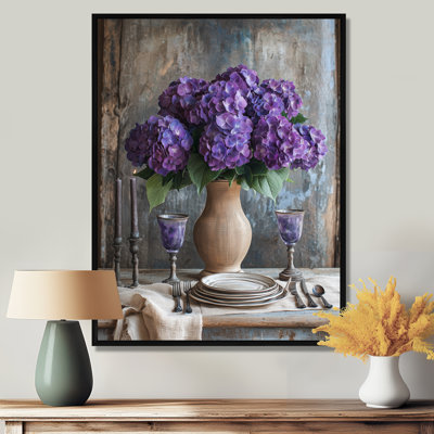 «Hydrangeas Bouquet On The Farm Table III - Hydrangea», art encadré