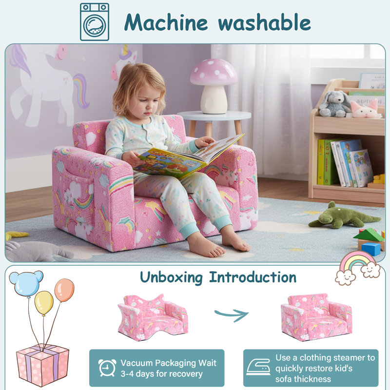 Canapé pour enfants, canapé convertible 2 en 1 pour enfants, Rose arc-en-ciel