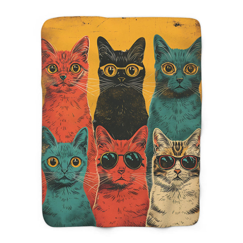 Funky Feline Extravaganza - couverture sherpa de qualité supérieure 1 pièce - reproduction d'art luxueuse, Grand lit