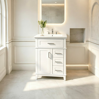Meuble-lavabo moderne de 61 cm (24 pouces) avec lavabo en céramique, structure en bois massif et caisson en MDF, 1 porte, 1 tiroir abattant et 3 tiroirs, charnières à fermeture amortie, tablette réglable, poignées argentées, blanc