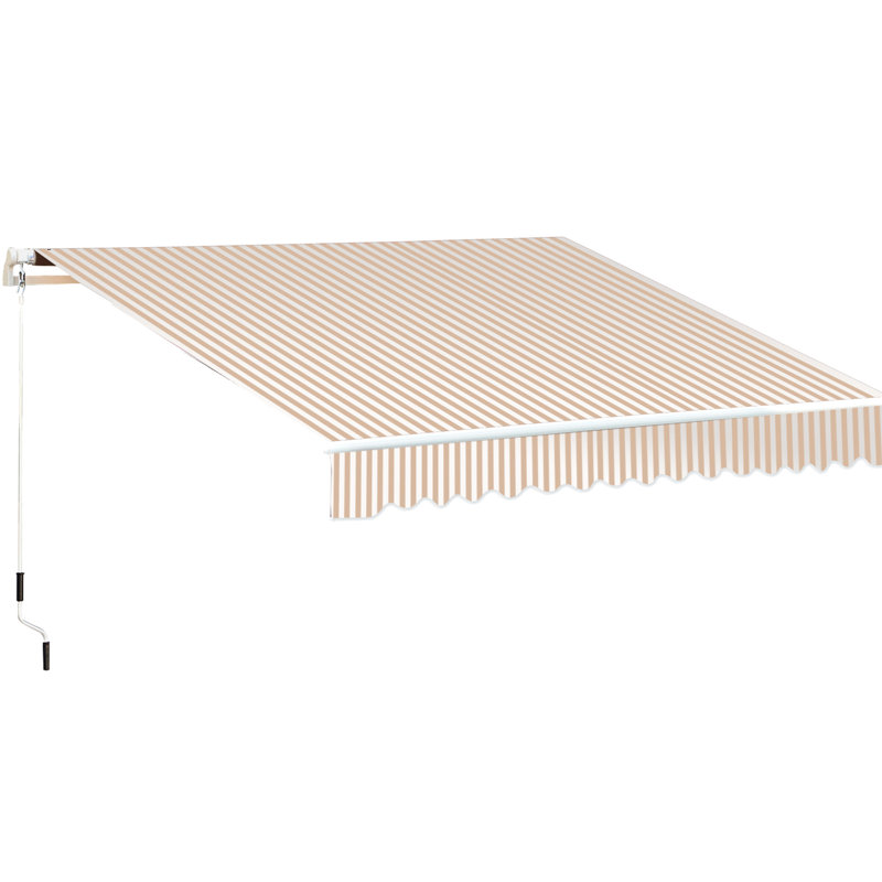 Window Awning, 13' X 8' Retractable Patio Sunshade, Manual Crank, & Water Fabric, Aluminum Frame, Beige Stripe Yard Awning - Water-, Frame For Deck, Balcony