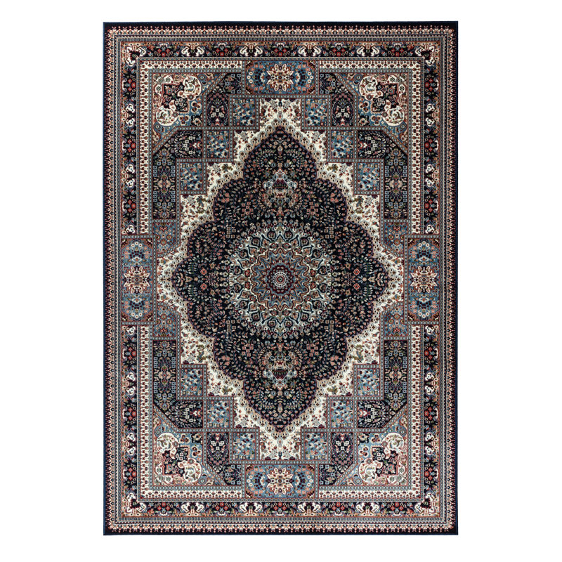 Prime Traditional Navy Blue Machine Made Area Rug, Rectangle 3'9" x 5'9"