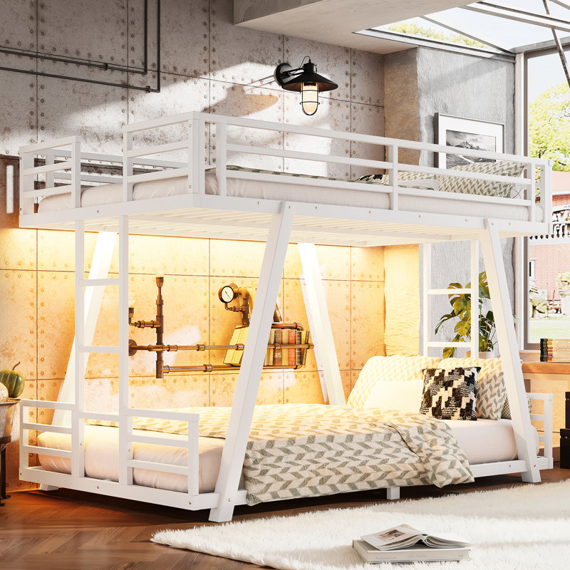 Lit superposé simple TG au-dessus de simple TG avec 2 échelles latérales, lit superposé en métal avec pieds de support spéciaux et lumière DEL, lit superposé à profil bas, blanc