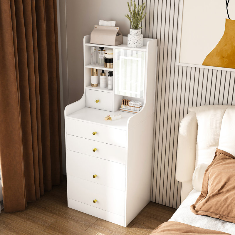 Table de coiffeuse multifonctionnelle avec miroir à DEL réglable, tabouret caché et 4 tiroirs blancs pour l'organisation de la chambre à coucher