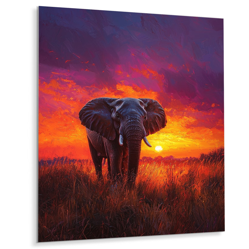«Elephant In The Sunset Glow», décoration murale en métal, impression d'art moderne en métal, H 20 po x l 12 po