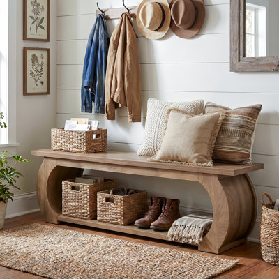 63" Modern Entryway Storage Bench, MDF Shoe Bench with Curved Sides & Lower Shelf for Hallway, Entrance