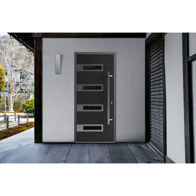 Porte avant en acier pré-suspendue avant / Ronex 0131 émail noir / insert en acier inoxydable entrée métal peint moderne l 36 po x H 80 po à gauche