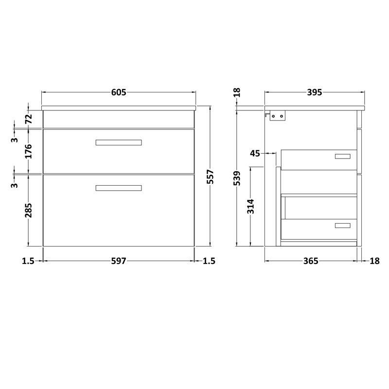 Athena 605mm Single Bathroom Vanity with Integrated Ceramic Basin, Charcoal Black