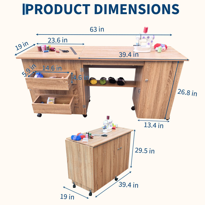 Large Folding Sewing Table, Sewing Machine Table with Storage Shelves, Rolling Side Desk with Compact Design, Oak Wood/Yellow