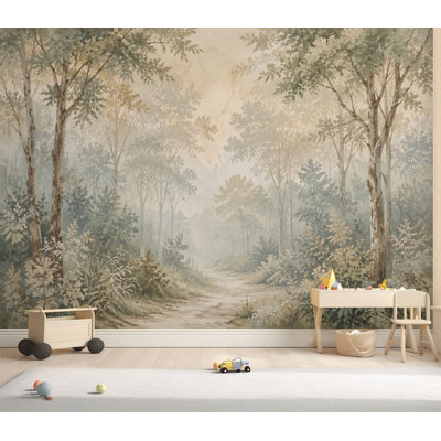 Wall Mural Peel and Stick Wallpaper Vintage Forest Landscape Trees Soft Tones Self-Adhesive Removable Contact Paper Wall Decor for Living Room Bedroom 69"H x 96"W
