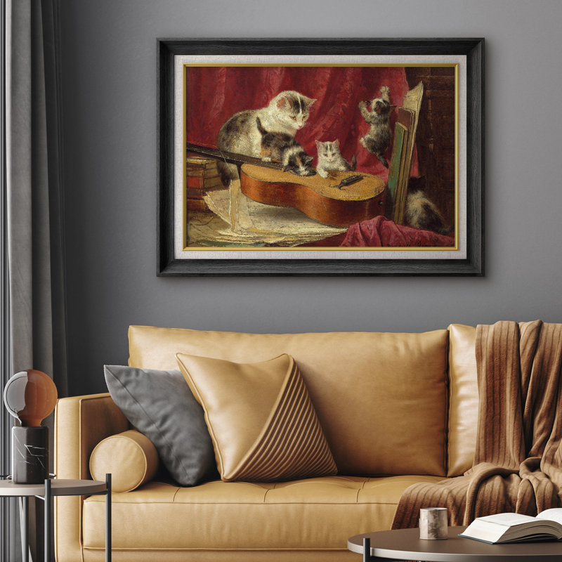 Art rétro de chat et de chat sur guitare, images de salle de musique, impression sur toile encadrée, impression numérique.