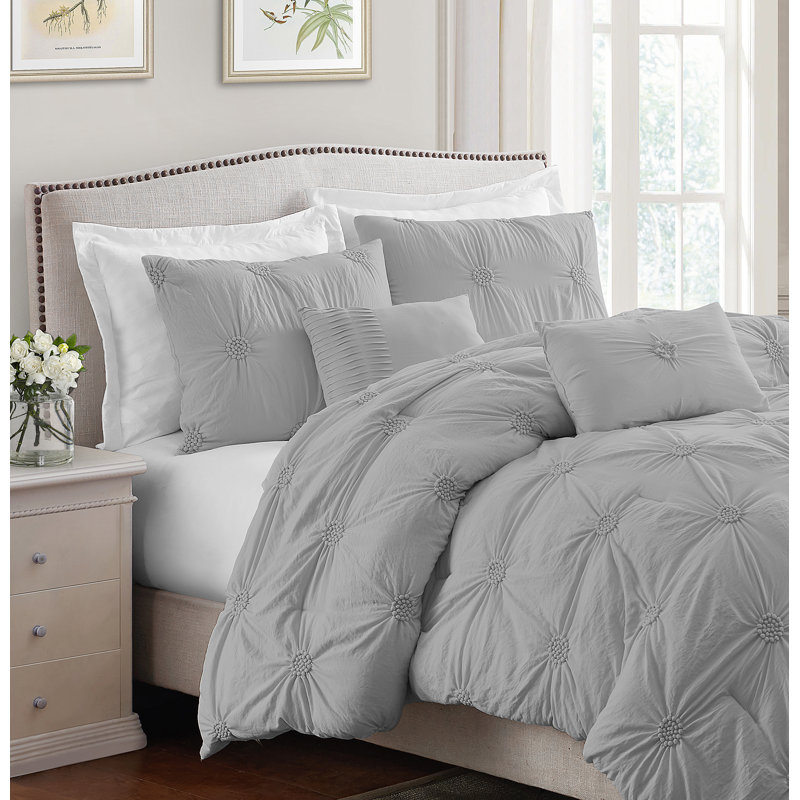 Floral Pintuck 3PC Comforter Set, Soft Microfiber, Pastel Colors, Lightweight Bedding Set, Gray
