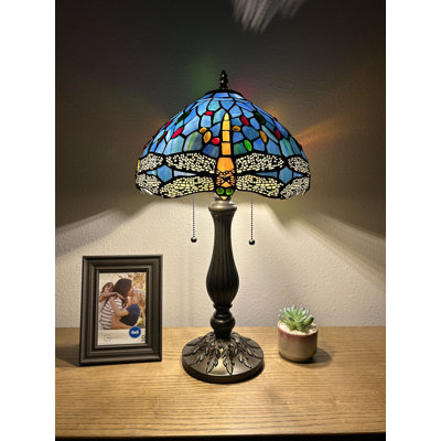 Lampe de table Tiffany de Bernois avec libellules en vitrail et ampoules DEL incluses H22 "W12"