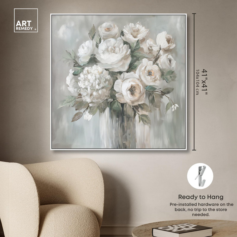 Art floral blanc par Art Remedy, H 41 po x l 41 po x P 1,8 po, Cadre flottant blanc