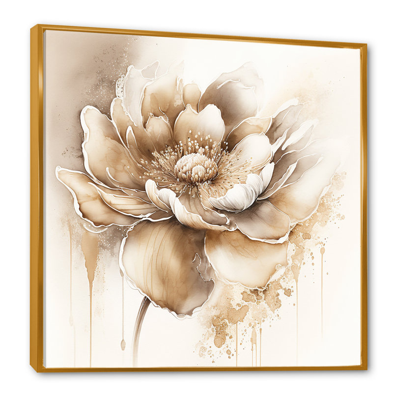 Blooming Beige Floral Design IV - Art mural sur toile floral et botanique, H 16 po x l 16 po x P 1 po, Cadre flottant doré