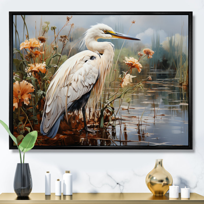 Héron pêche blanc, héron, art mural, H 30 po x l 40 po x P 1,5 po, Cadre flottant érable
