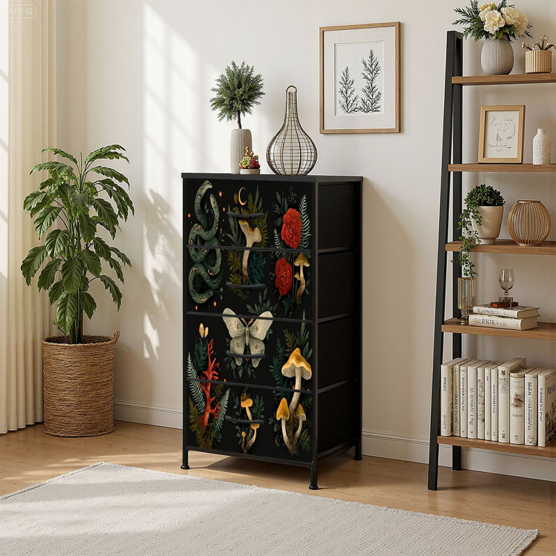 4 Drawer Vertical Storage Dresser magical forest elements snake night mushrooms plant space elements with Wood Top &amp; Fabric Pull Drawers