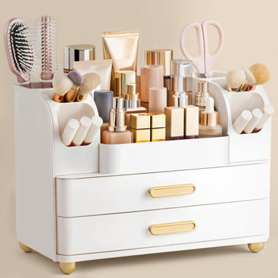Makeup Organizer For Vanity With Brush Holder, Large Bathroom Countertop Cosmetic Organizer Skin Care Storage, Easy To Store Lipsticks, Nail Polishes, Perfumes, Eyeshadow Palettes, All White