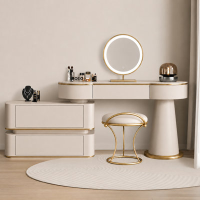 Large Vanity Desk with Mirror & Stool​,Modern Cream White Dressing Table for Bedroom, Makeup Desk with 5 Drawer Storage for Women/Girls