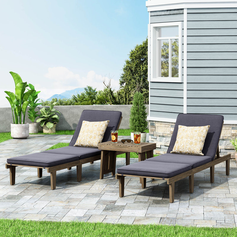 Outdoor Acacia Wood Chaise Lounge with Table , Cushion Included, Gray, Dark Gray