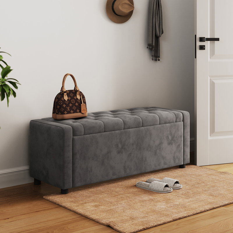 Velvet Upholstered Tufted Storage Bench, Gray