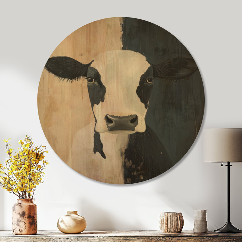 Portrait audacieux d'une vache laitière - Décoration murale ronde en bois représentant un animal de ferme noir, Rond 23 po