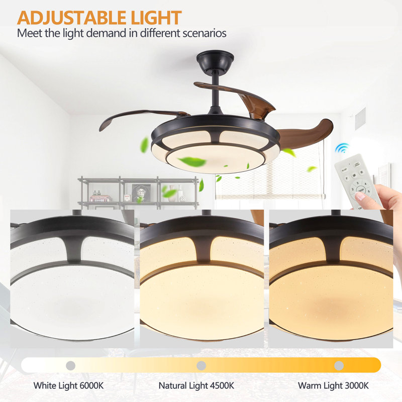 Retractable Ceiling Fan With Light, Modern Led Chandelier Fan With Remote Control, 6 Speed Adjustable Blades, Quiet Dc Motor, Dimmable Lighting For Living Room, Bedroom, Dining Room