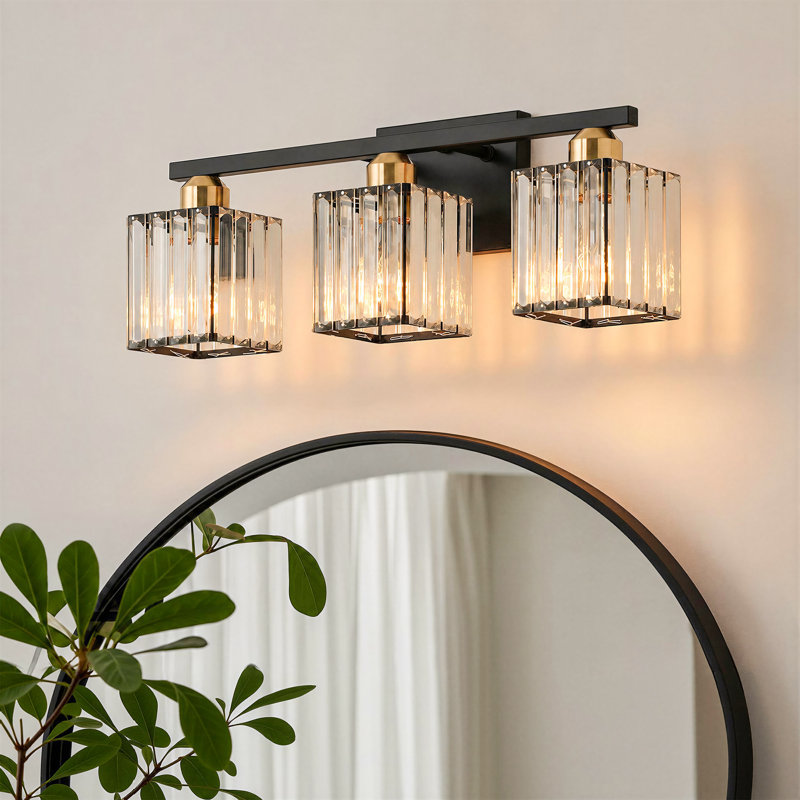 3-Light Crystal Dimmable Vanity Light, Black+Brass