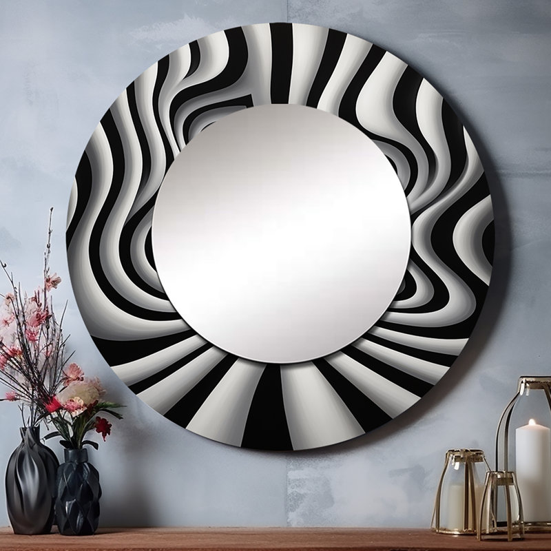 Art mural noir et blanc optique Dream I - Op Art, miroir rond noir, impression sur métal, 36 po x 36 po
