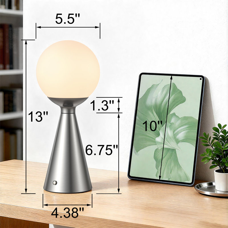 13" Modern Rechargeable Touch Led Table Lamp With Round Shade And Usb-C Charging, Polished Nickel