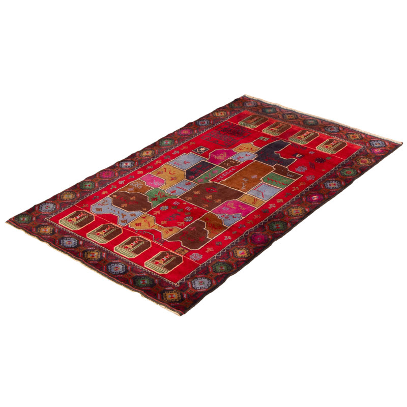 Tapis rouge teimani noué à la main 3 pi 11 po x 6 pi 8 po