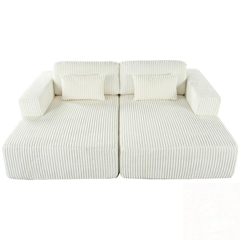 Corduroy Double Sofa Bed With 2 Pillows, White Corduroy