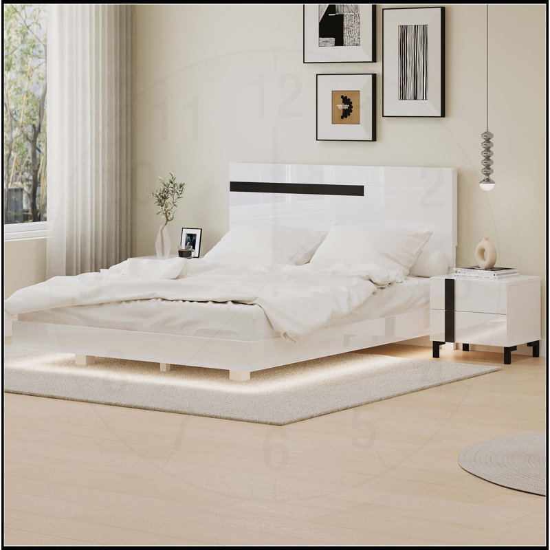 Ensemble de chambre à coucher moderne 3 pièces à haute brillance avec grand lit flottant et lumière DEL, peu encombrant et élégant