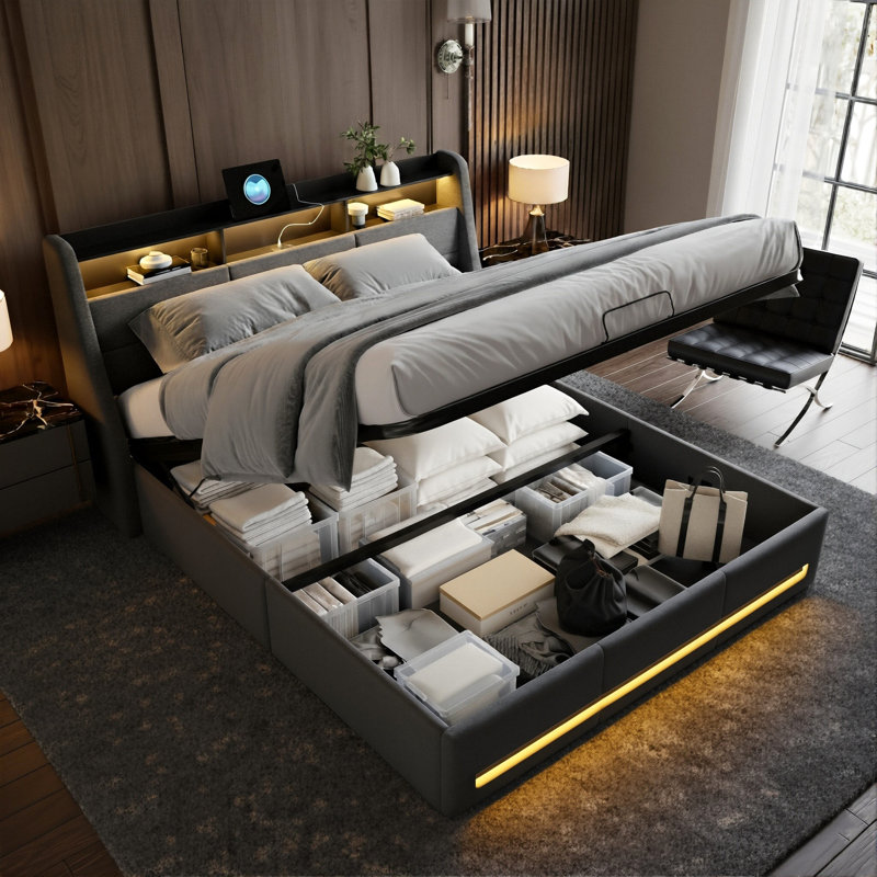 EU Double & King Ottoman Storage Bed With Dual LED Lights, Upholstered Bed Frame With Charging Port, Grey Linen