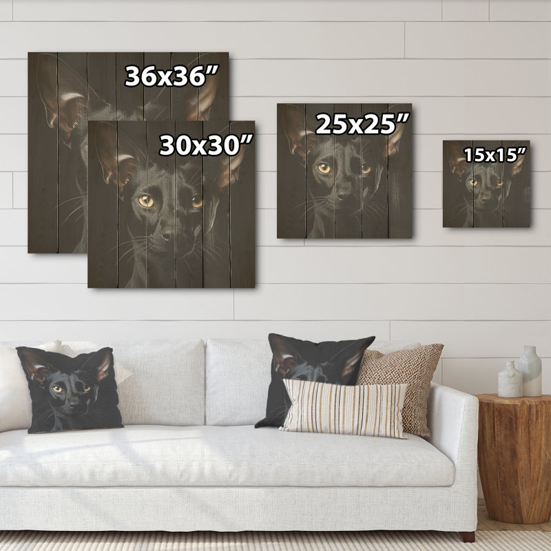 Oriental Elegance noir, portrait de chat - Art mural en bois sur bois de pin naturel, H 36 po x l 36 po
