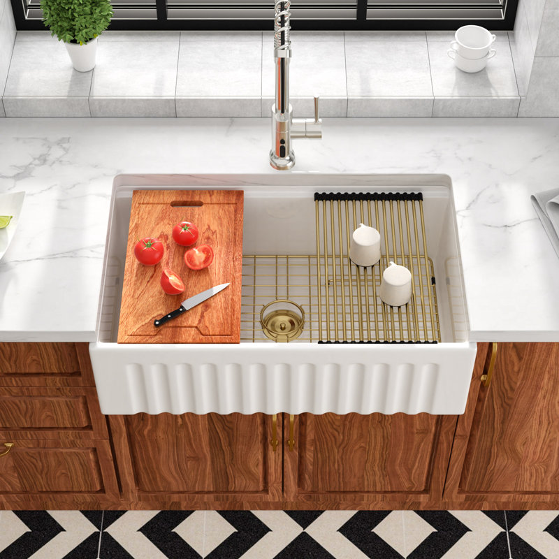 33" L x 20" W Farmhouse Sink White Ceramic Workstation Kitchen Sink Single Bowl Apron Front Sink, White/Brushed Gold Parts