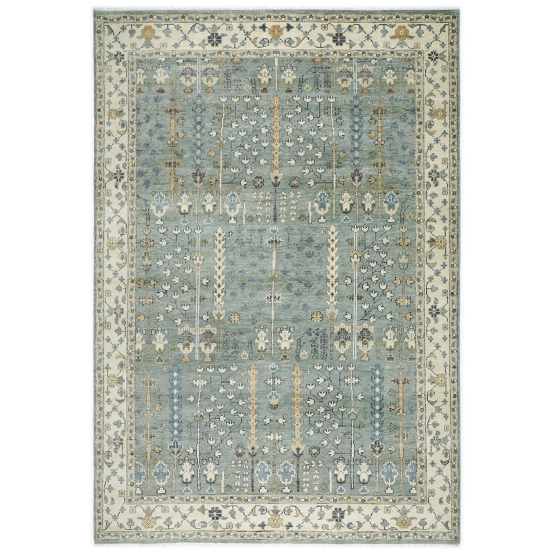 Tapis transitionnel beige en laine noué à la main 9 pi 10 po x 14 pi 1 po Oushak, Beige, Rectangle 9 pi 10 po x 14 pi 1 po