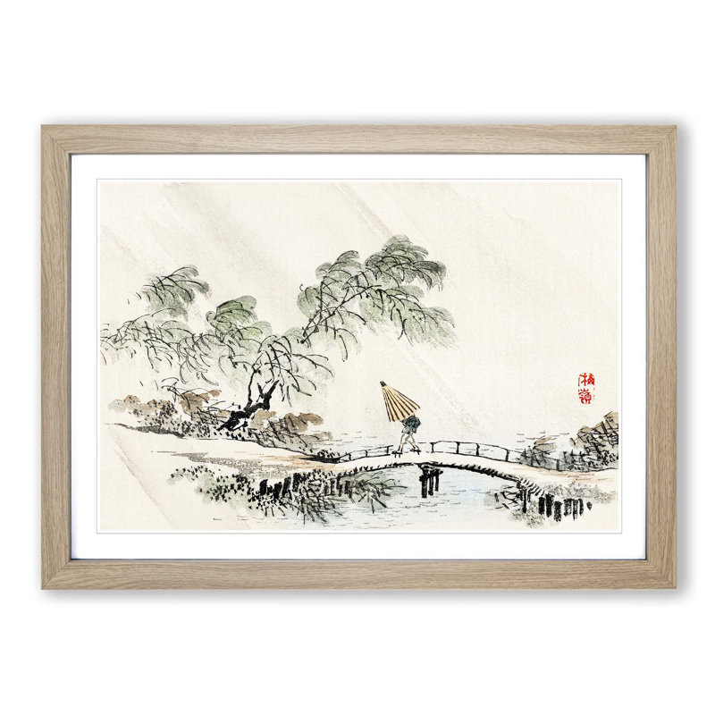 Man Crossing the Bridge by Kono Bairei - Picture Frame Painting Print, 50cm H x 76cm W x 2cm D, Oak