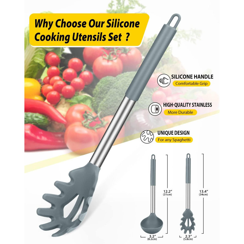 Ensemble de cuillères et fourchettes à pâtes en silicone, grands ustensiles de cuisine antiadhésifs pour la cuisson, le brassage, le service des spaghettis, la soupe, la sauce (BLANC)